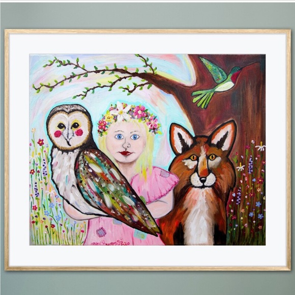 Blossom Fox Owl Art Print Oil Painting Flowers Child Portrait Whimsical Decor - Picture 1 of 9